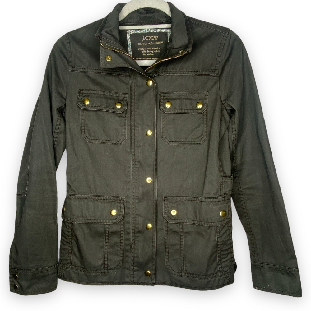 J. Crew Resin Coated Twill Field Olive Green Jacket XXS STYLE: 27584 - Picture 2 of 9